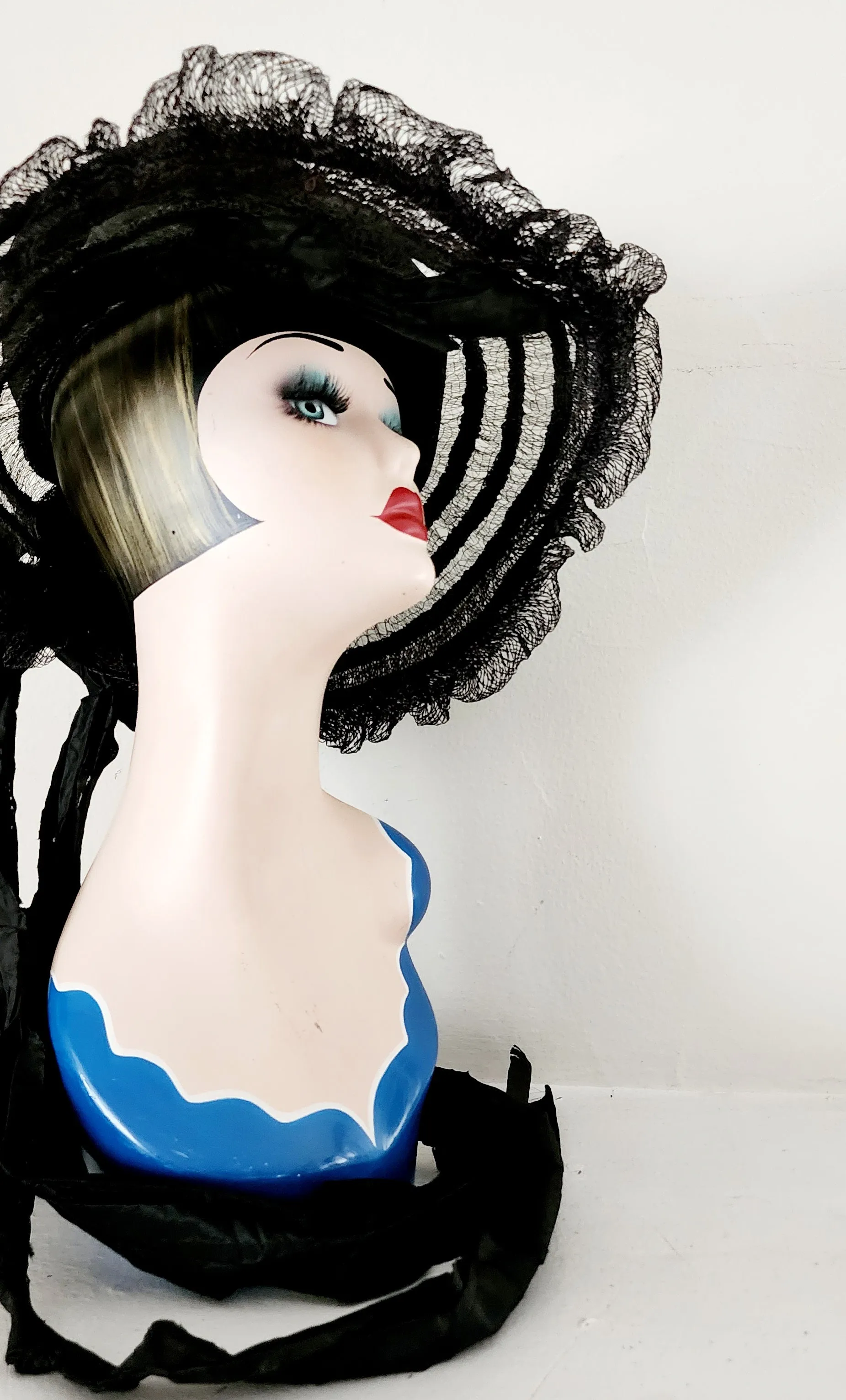 Antique Edwardian Black Hat in Straw, Silk Ribbon Chas A Stevens