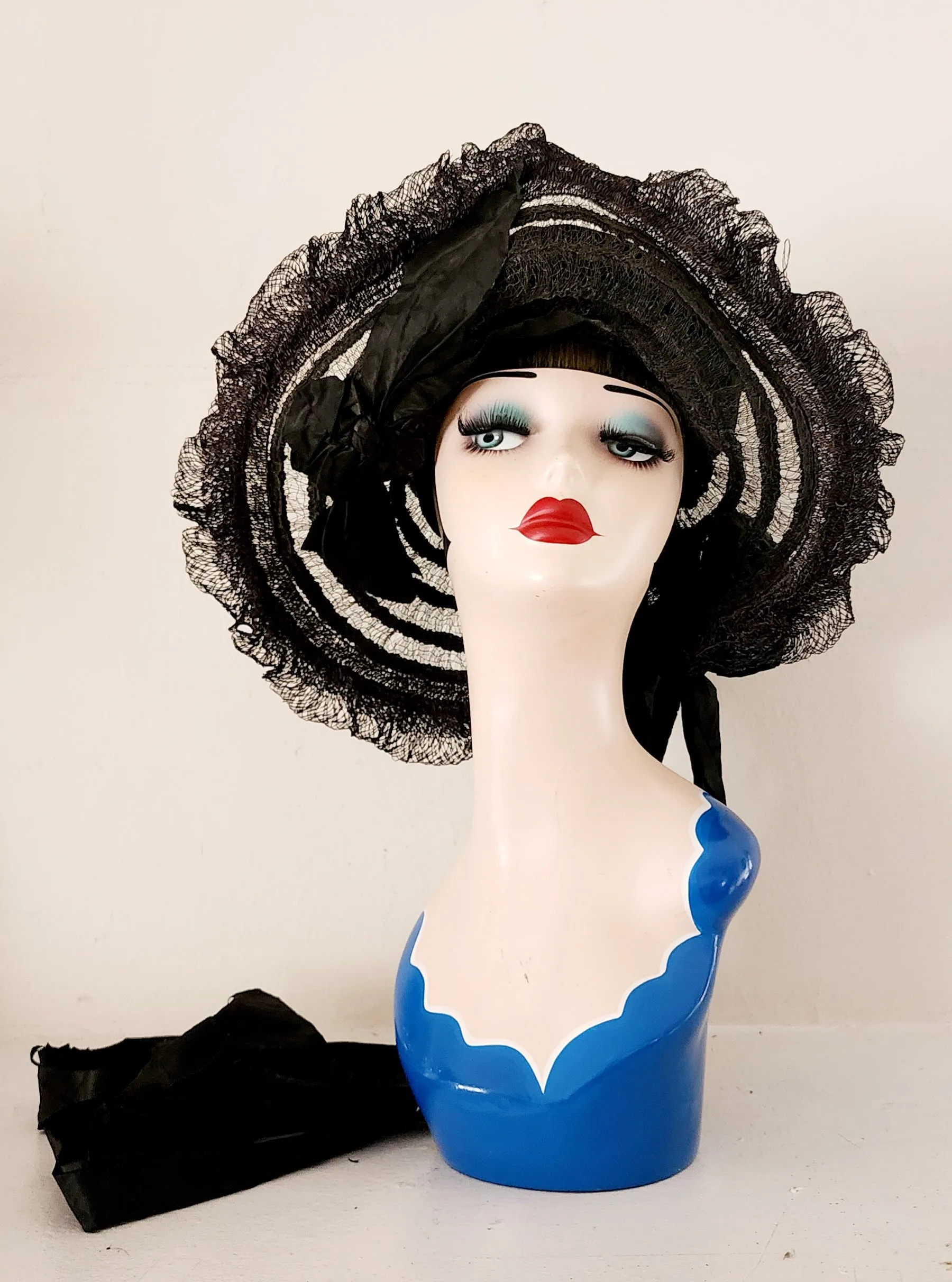 Antique Edwardian Black Hat in Straw, Silk Ribbon Chas A Stevens
