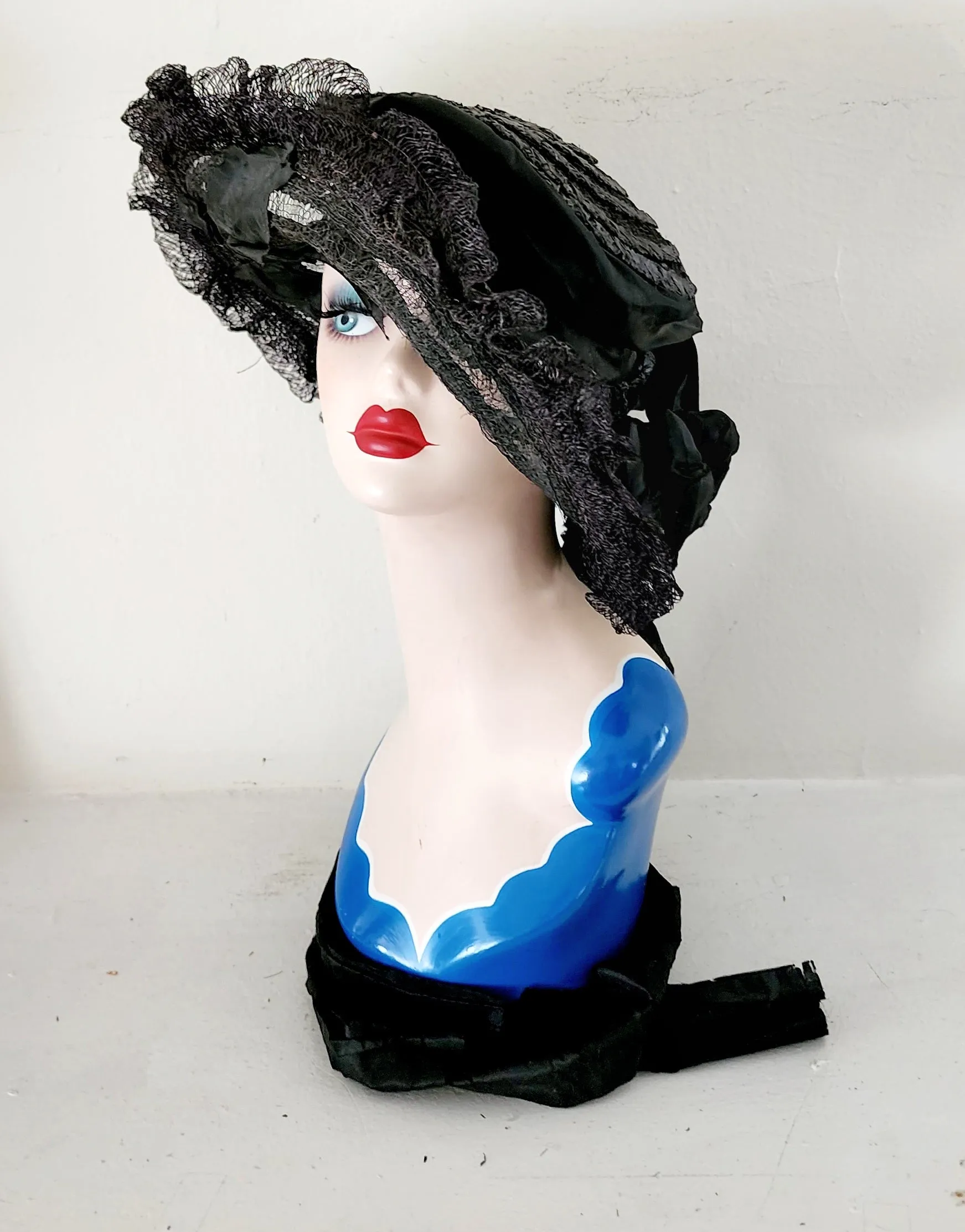Antique Edwardian Black Hat in Straw, Silk Ribbon Chas A Stevens