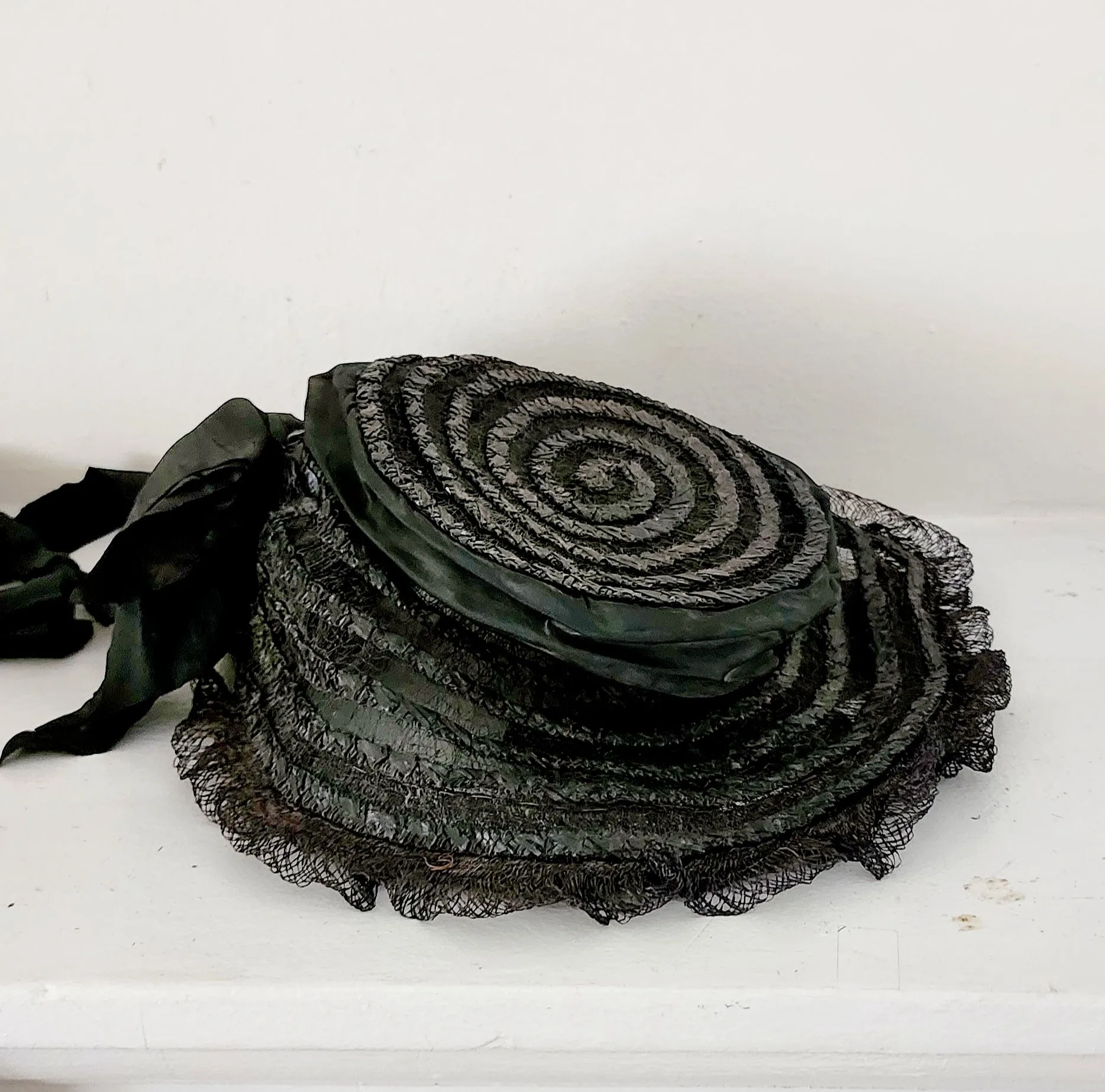 Antique Edwardian Black Hat in Straw, Silk Ribbon Chas A Stevens