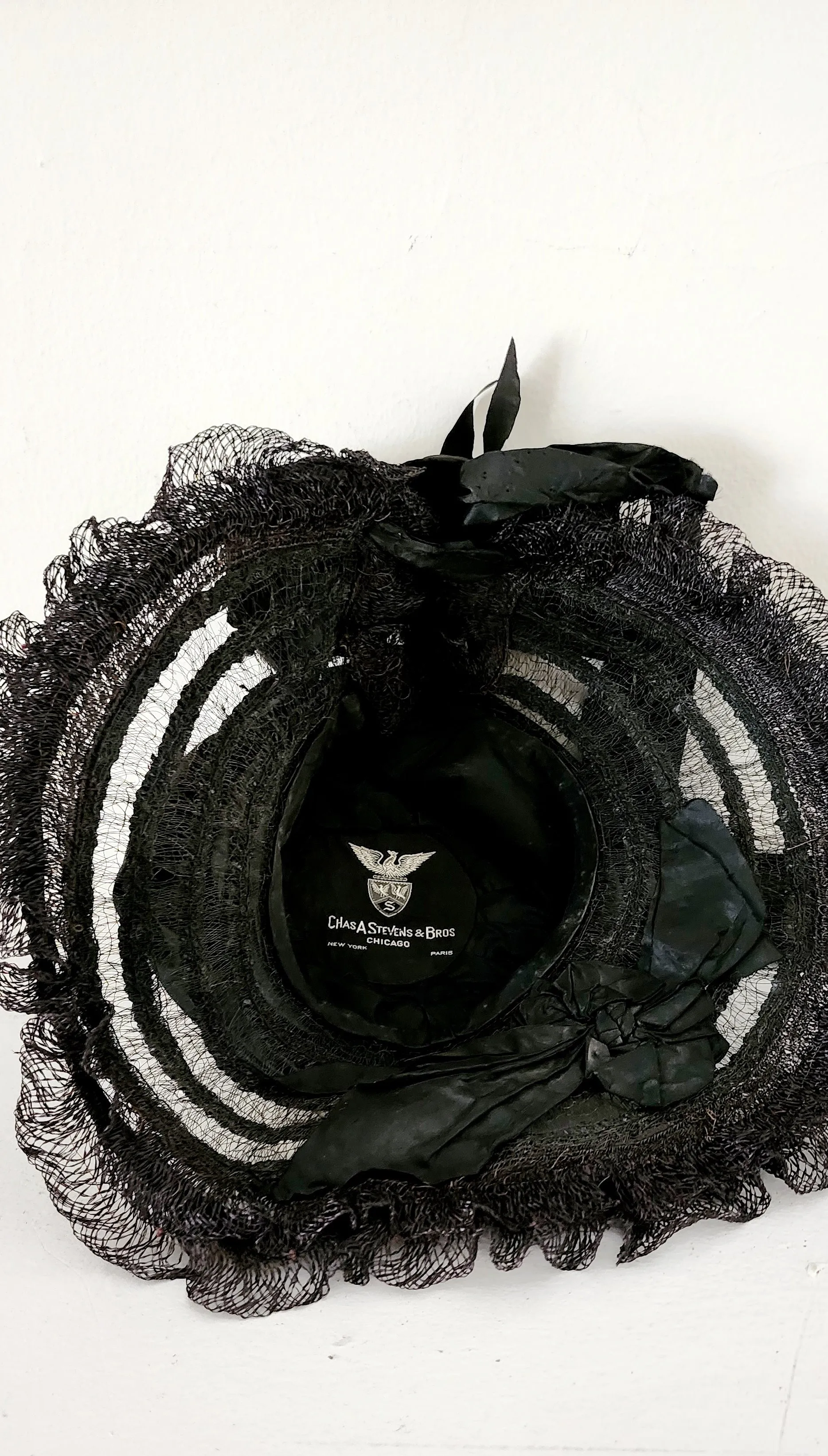 Antique Edwardian Black Hat in Straw, Silk Ribbon Chas A Stevens