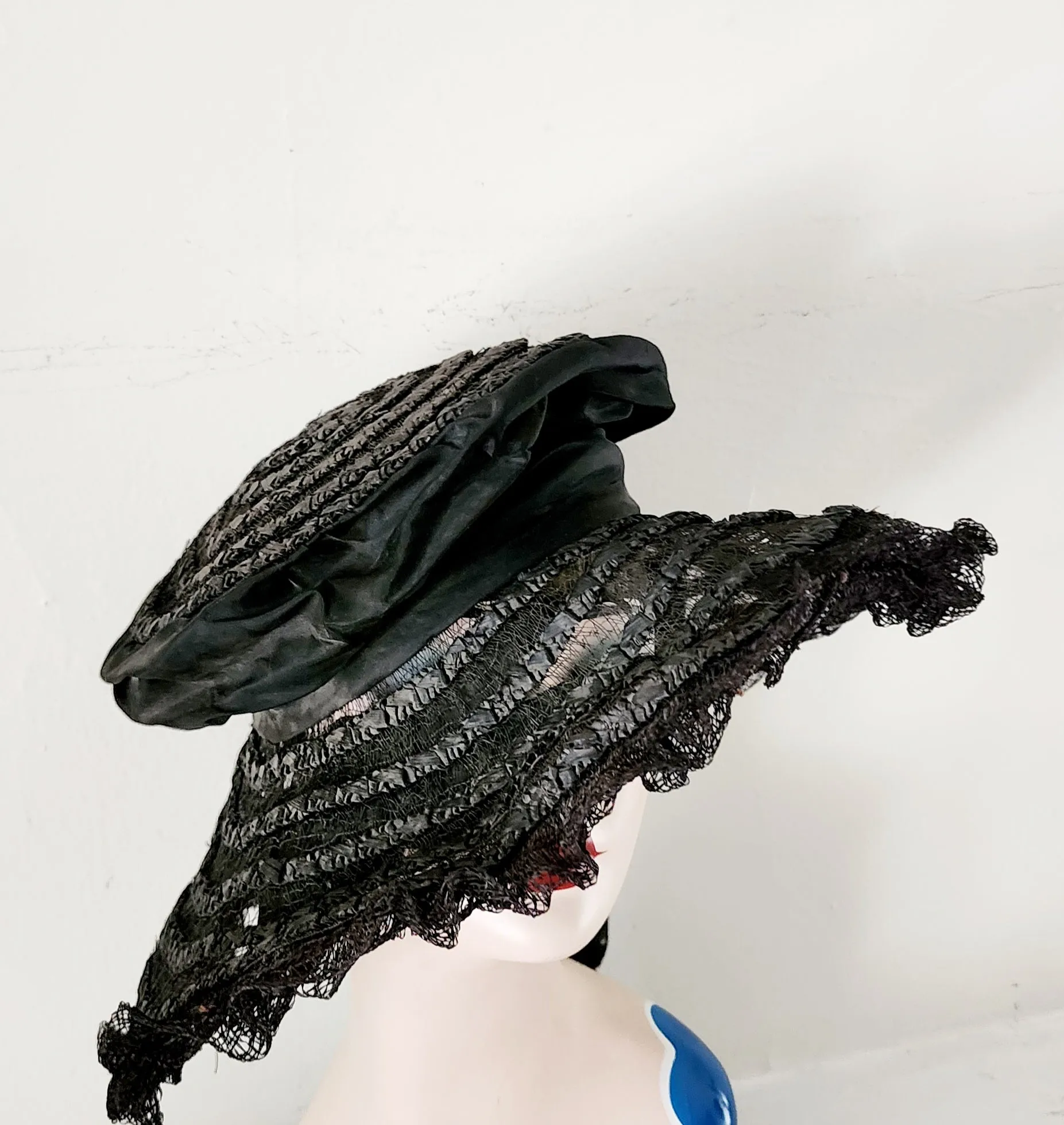 Antique Edwardian Black Hat in Straw, Silk Ribbon Chas A Stevens