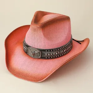 Antique Metal Steer Head  Leather Band Western Pink Straw Cowboy Fedora Hat