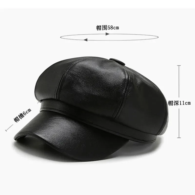 Antmvs-Women Men PU Leather Berets Hat Retro British Solid Beret Baseball Cap Outdoor Sun Hat Winter Warm Octagonal Hats Newsboy Caps