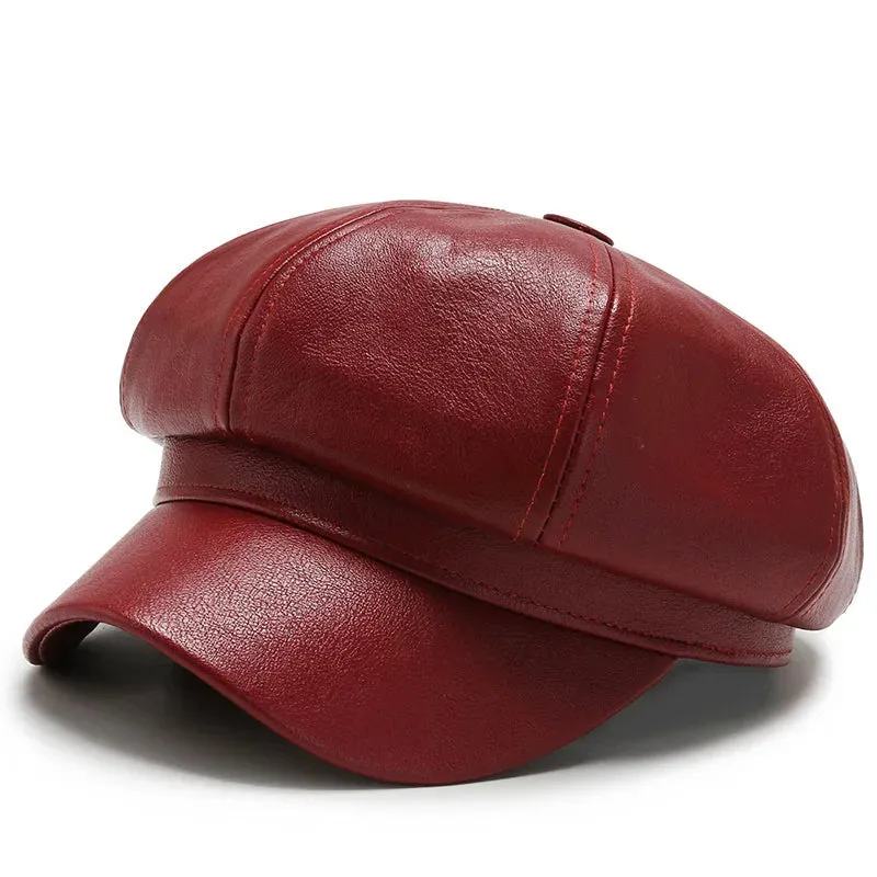 Antmvs-Women Men PU Leather Berets Hat Retro British Solid Beret Baseball Cap Outdoor Sun Hat Winter Warm Octagonal Hats Newsboy Caps