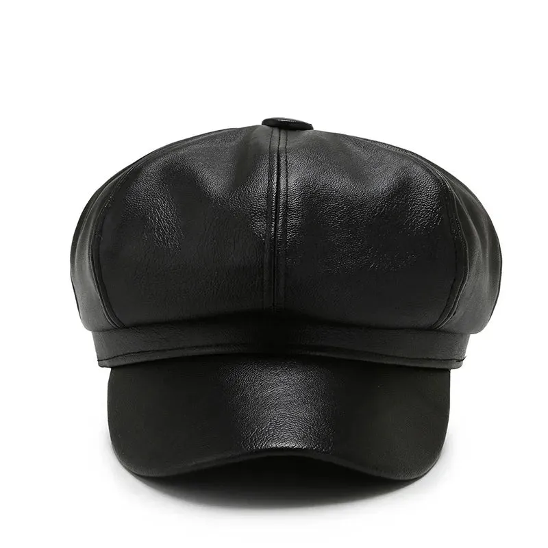 Antmvs-Women Men PU Leather Berets Hat Retro British Solid Beret Baseball Cap Outdoor Sun Hat Winter Warm Octagonal Hats Newsboy Caps