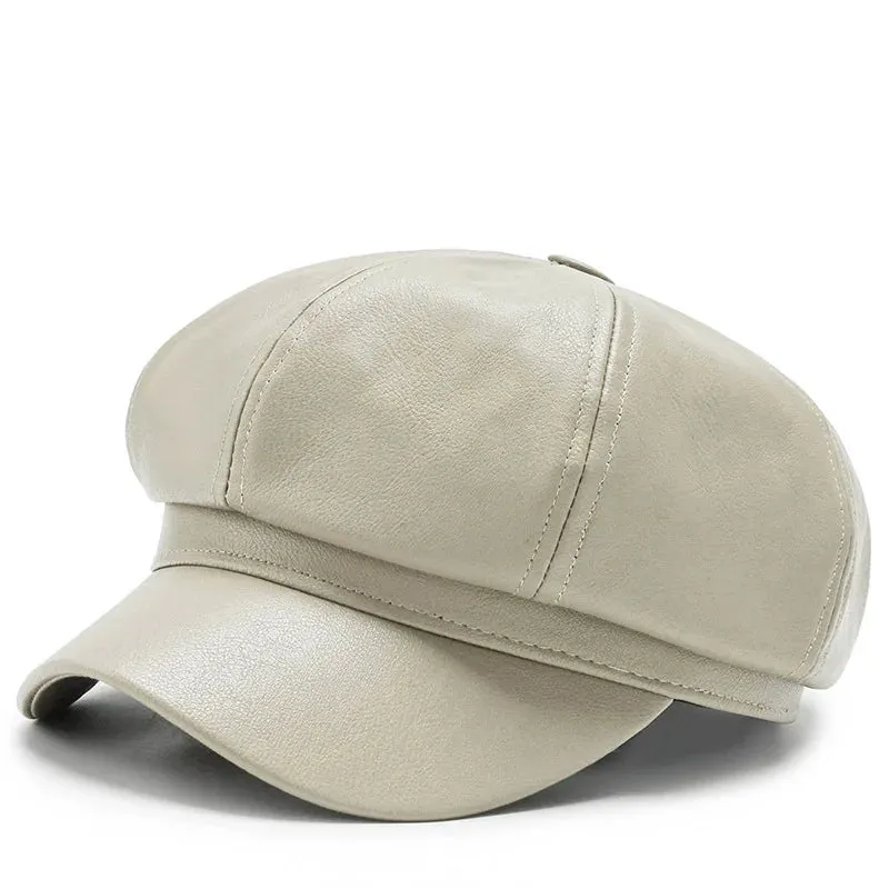 Antmvs-Women Men PU Leather Berets Hat Retro British Solid Beret Baseball Cap Outdoor Sun Hat Winter Warm Octagonal Hats Newsboy Caps