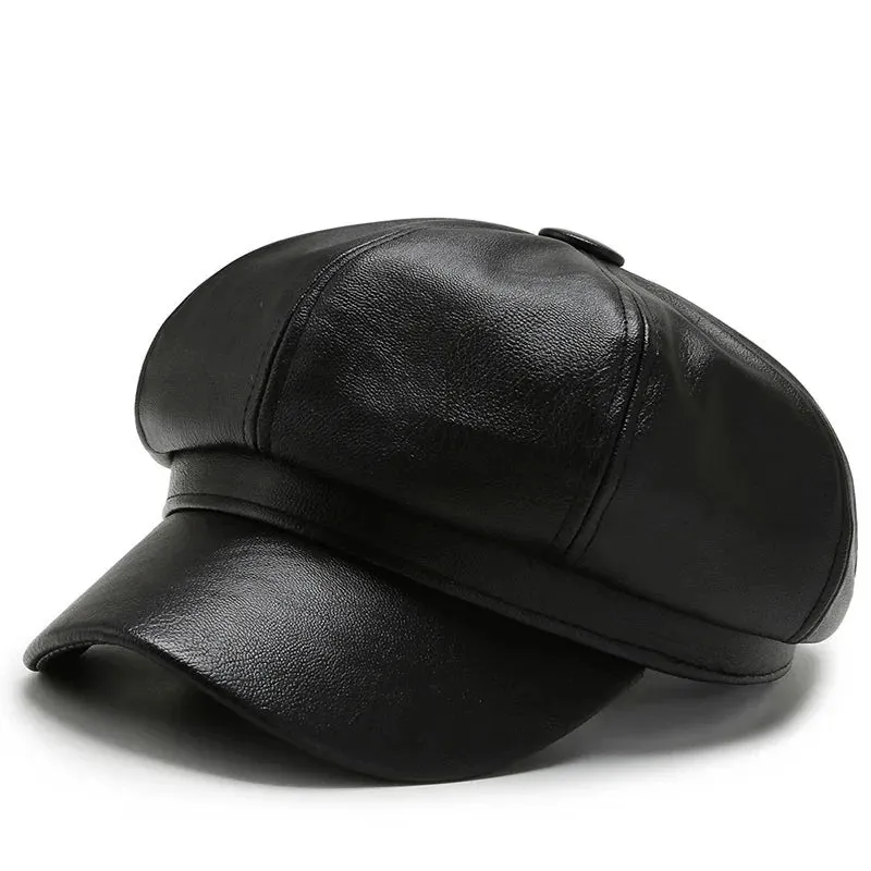 Antmvs-Women Men PU Leather Berets Hat Retro British Solid Beret Baseball Cap Outdoor Sun Hat Winter Warm Octagonal Hats Newsboy Caps