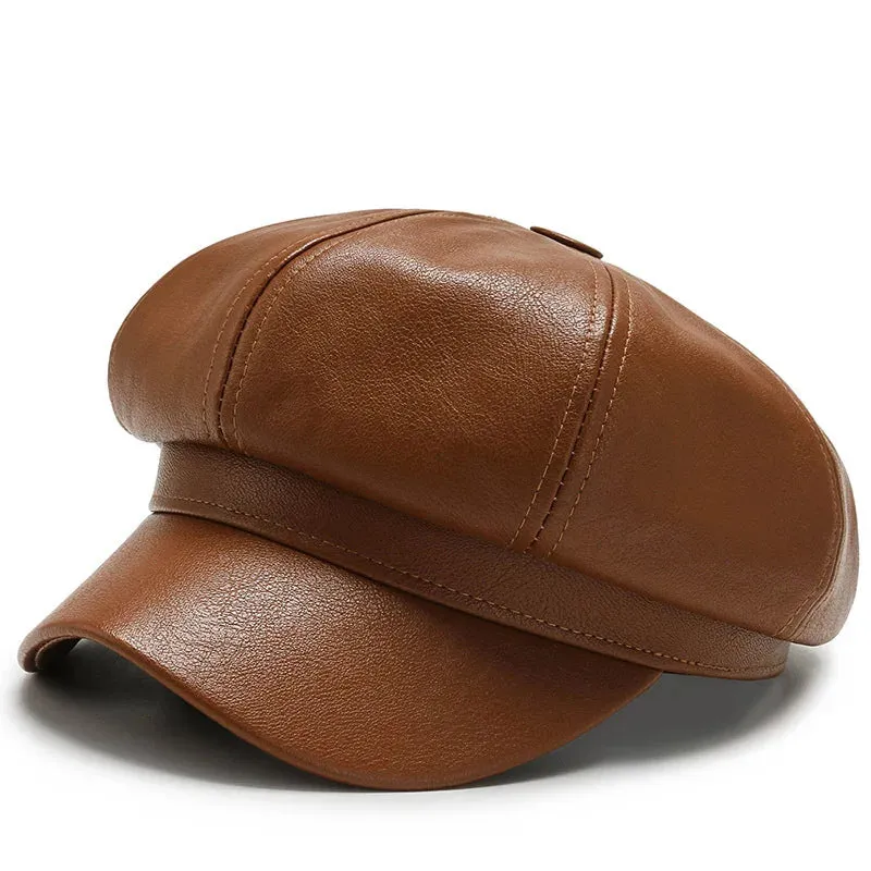 Antmvs-Women Men PU Leather Berets Hat Retro British Solid Beret Baseball Cap Outdoor Sun Hat Winter Warm Octagonal Hats Newsboy Caps