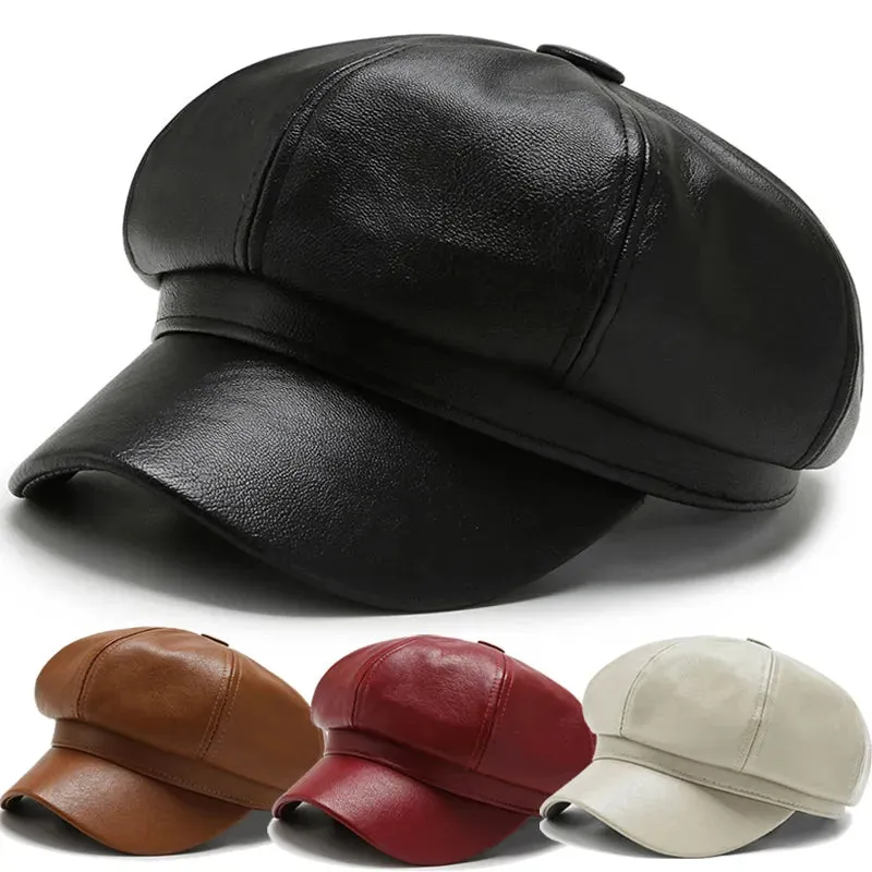 Antmvs-Women Men PU Leather Berets Hat Retro British Solid Beret Baseball Cap Outdoor Sun Hat Winter Warm Octagonal Hats Newsboy Caps