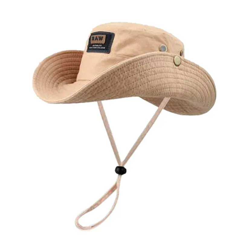 Cotton Western Denim Hat Summer Large Brim Sunscreen Sun Hat Drawstring Fisherman Hat Unisex Outdoor Fishing Climbing Hat Visors
