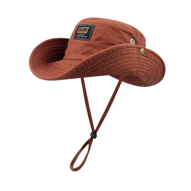 Cotton Western Denim Hat Summer Large Brim Sunscreen Sun Hat Drawstring Fisherman Hat Unisex Outdoor Fishing Climbing Hat Visors