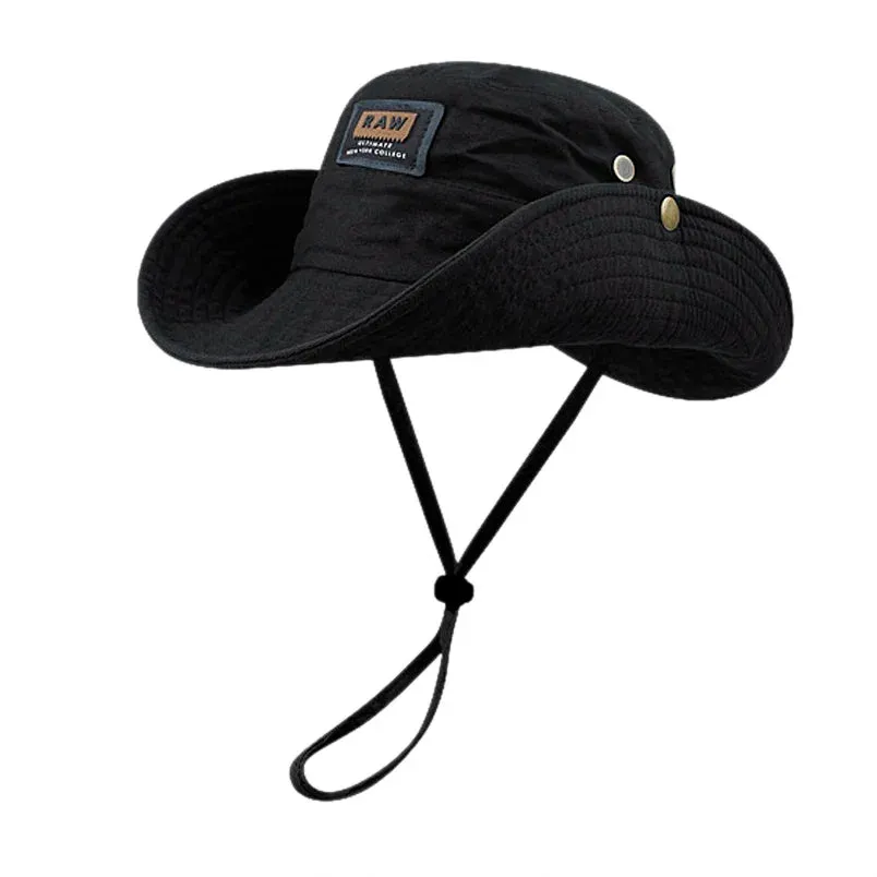 Cotton Western Denim Hat Summer Large Brim Sunscreen Sun Hat Drawstring Fisherman Hat Unisex Outdoor Fishing Climbing Hat Visors