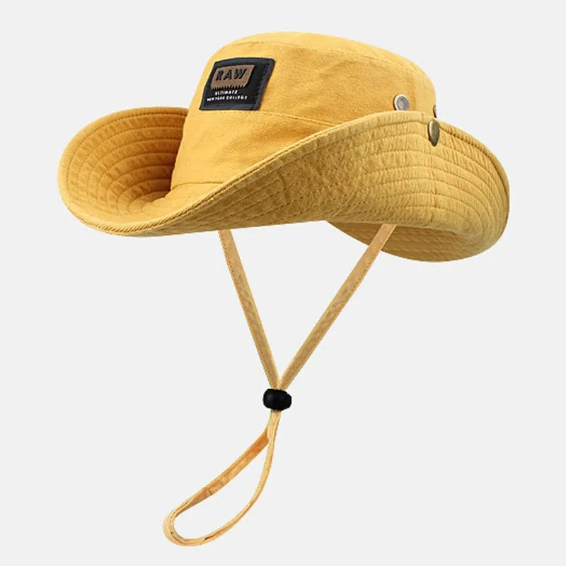 Cotton Western Denim Hat Summer Large Brim Sunscreen Sun Hat Drawstring Fisherman Hat Unisex Outdoor Fishing Climbing Hat Visors