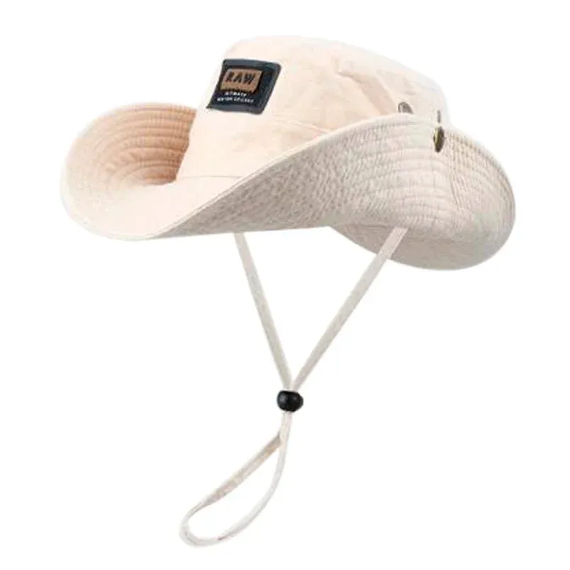 Cotton Western Denim Hat Summer Large Brim Sunscreen Sun Hat Drawstring Fisherman Hat Unisex Outdoor Fishing Climbing Hat Visors