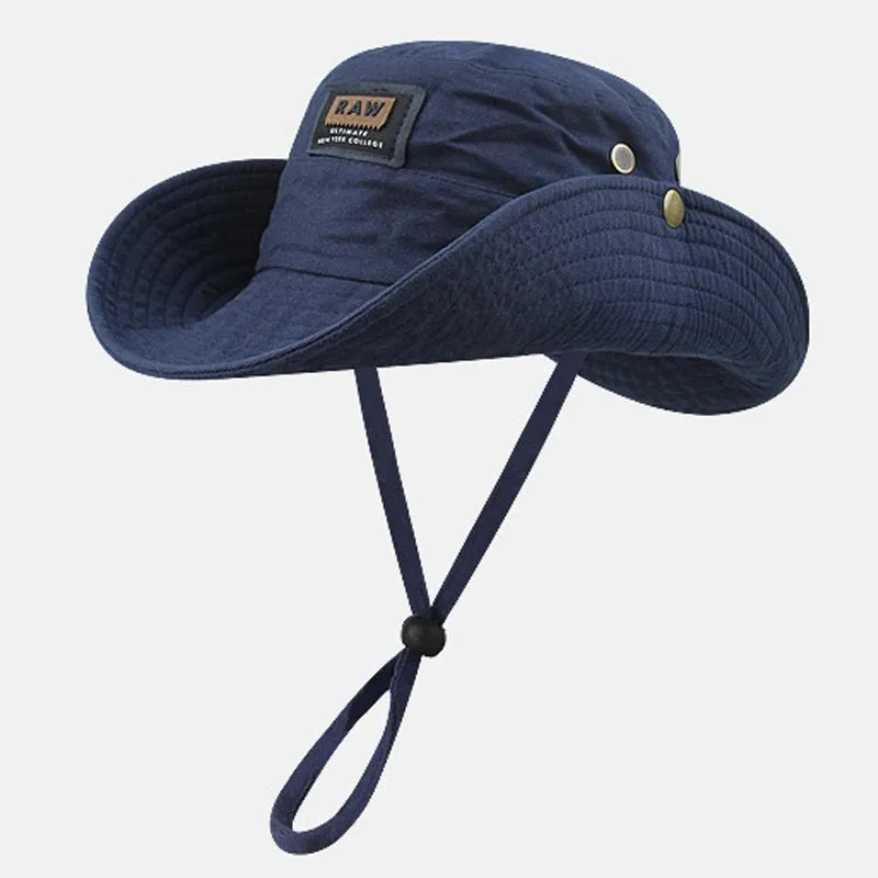 Cotton Western Denim Hat Summer Large Brim Sunscreen Sun Hat Drawstring Fisherman Hat Unisex Outdoor Fishing Climbing Hat Visors