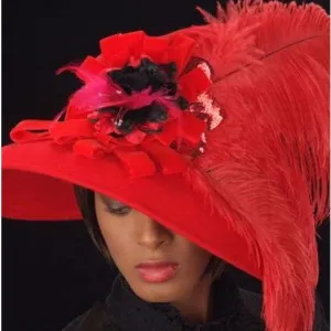 FW1119-Red felt dress hat with red ostrich feathers and flower