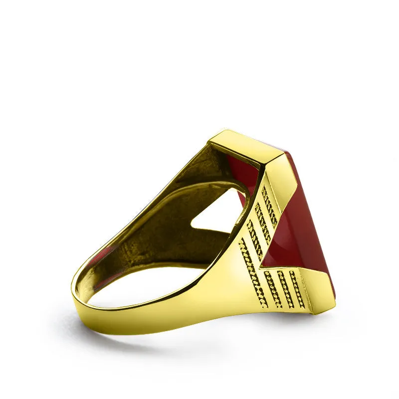 Men's Ring with Natural Red Agate Stone in 10k Yellow Gold