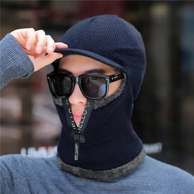 New Men Winter Warm Wool Hat Outdoor Ear Protection Hats Warm Thick Bicycle Knitted Capd Scarf Windproof Visors Cap