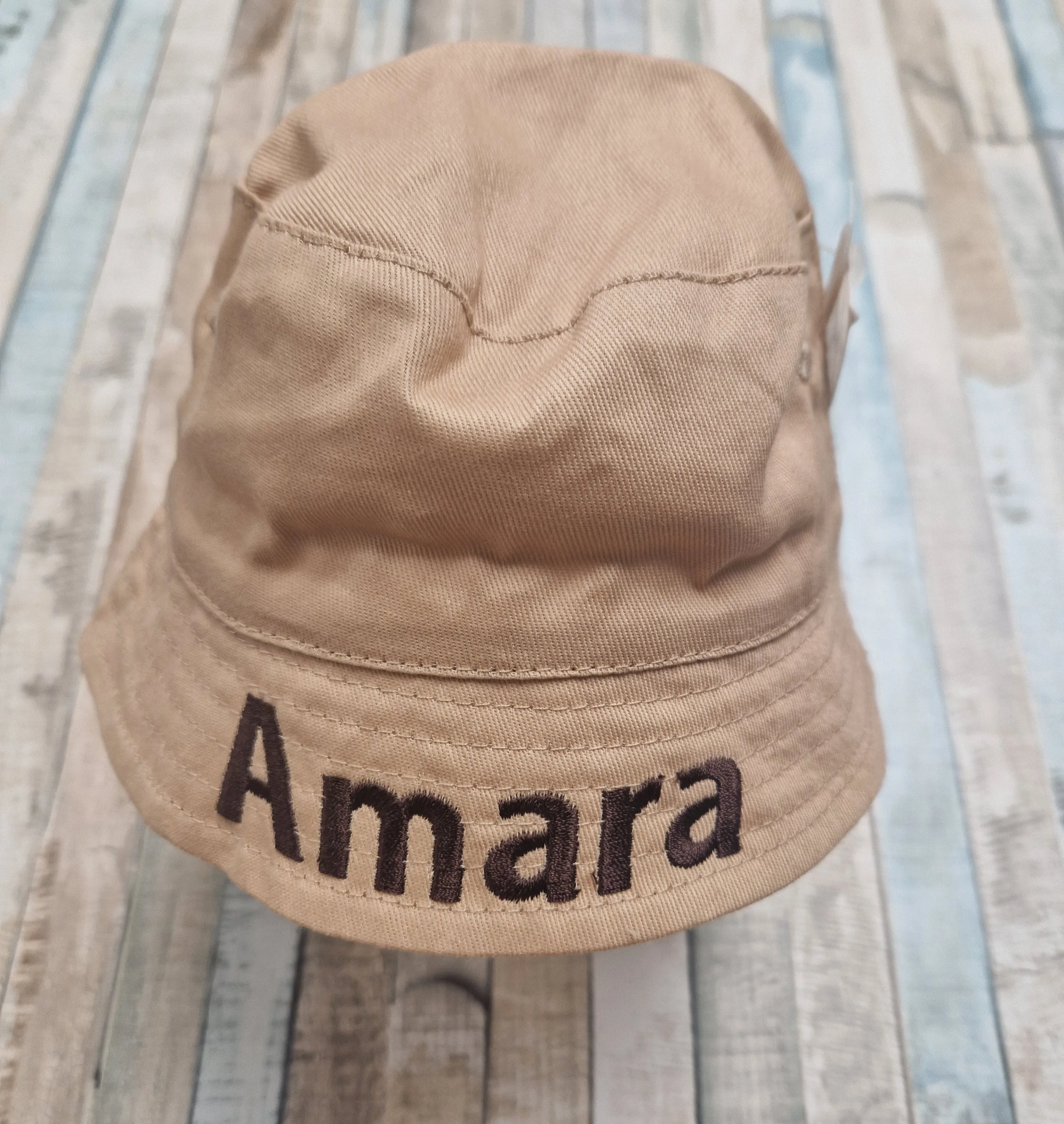 Personalised Boys Beige Bucket Hat With Chin Strap