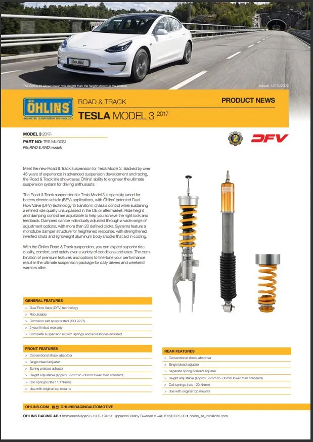 Redwood Motorsports Comfort Tuned Kit Model 3/Y Öhlins DFV "Street Tuned"-Designed by Ohlins