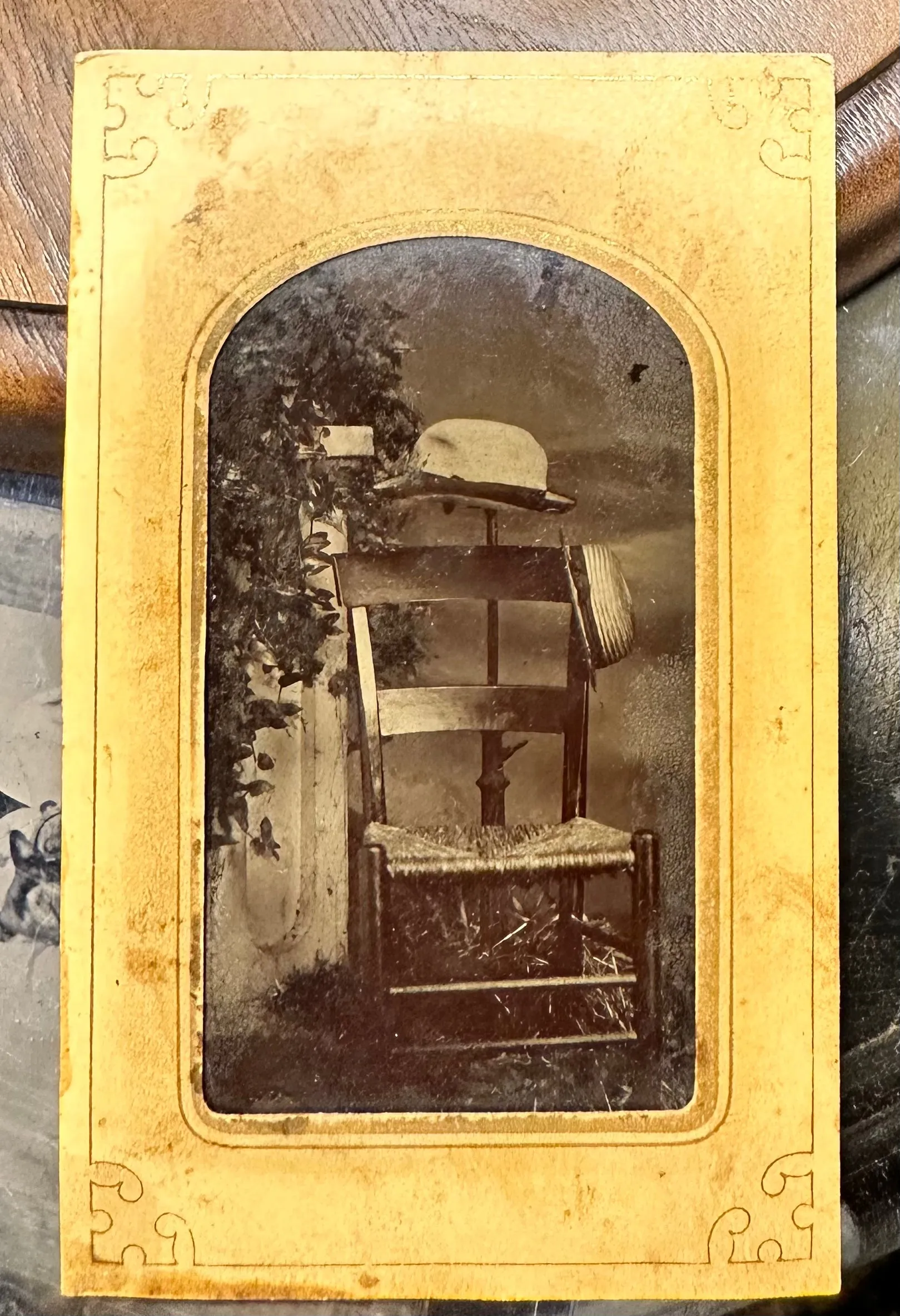 Unusual Tintype Photo Hats on Photographer Stand Antique still Life Rare 1800s