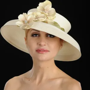 W6008-Open top Spring Summer hat for women with small flowers in light tan/cream straw