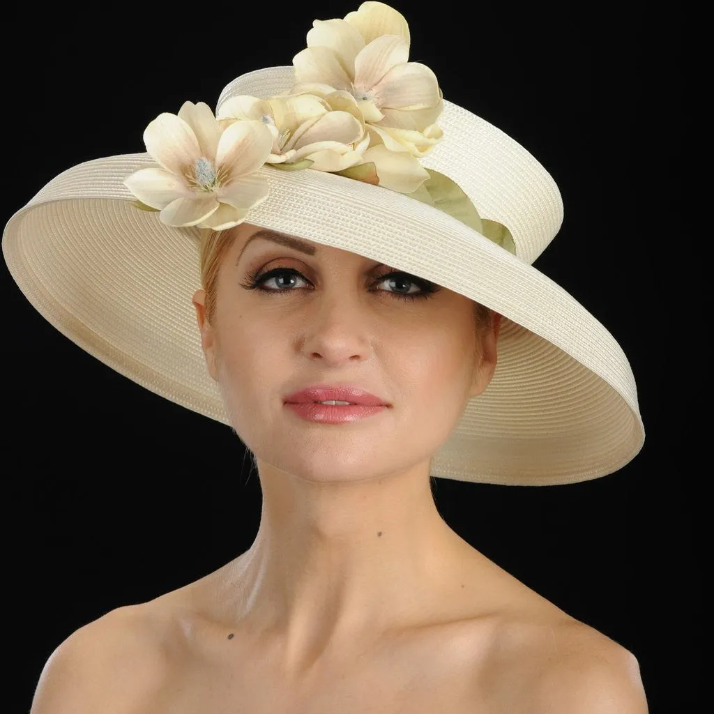 W6008-Open top Spring Summer hat for women with small flowers in light tan/cream straw