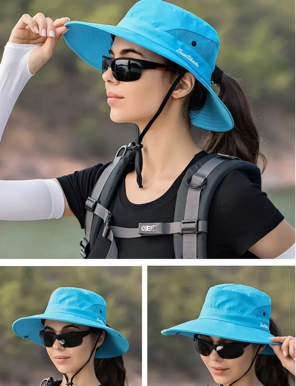 Womens Ponytail Sun Hat UV Protection Mesh Foldable Wide Brim Beach Fishing Bucket Hats Summer Hiking Outdoor Climbing hike Caps