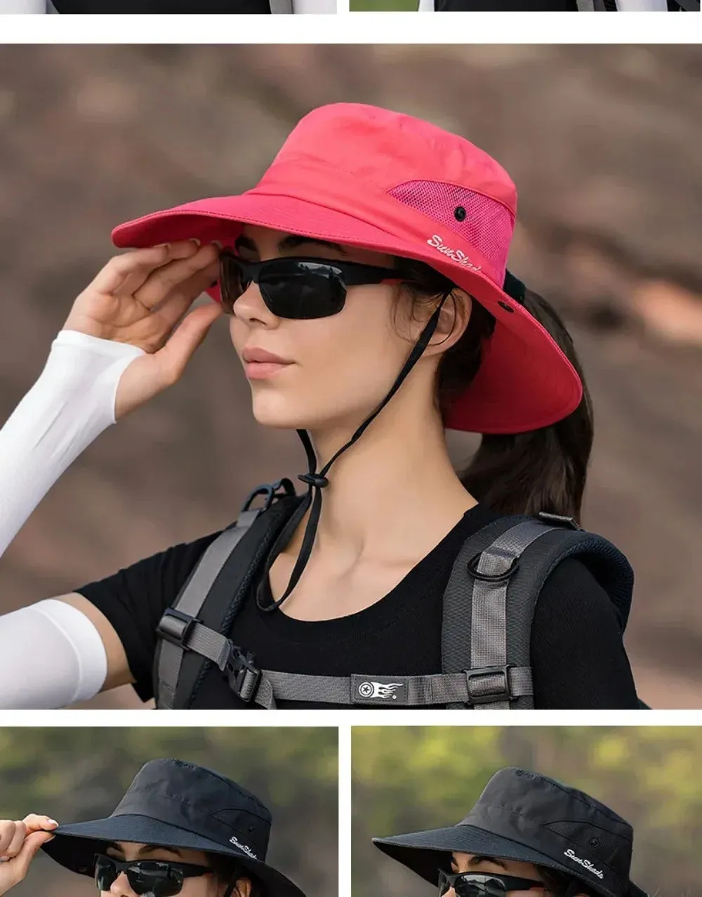 Womens Ponytail Sun Hat UV Protection Mesh Foldable Wide Brim Beach Fishing Bucket Hats Summer Hiking Outdoor Climbing hike Caps