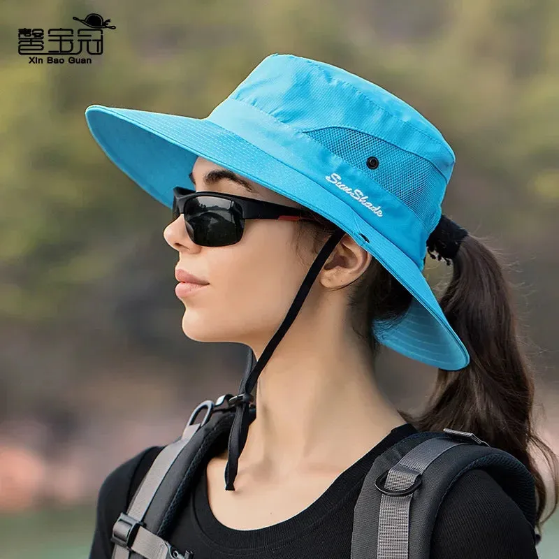 Womens Ponytail Sun Hat UV Protection Mesh Foldable Wide Brim Beach Fishing Bucket Hats Summer Hiking Outdoor Climbing hike Caps