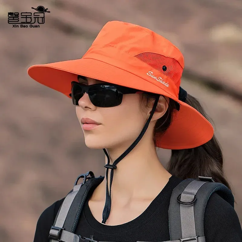 Womens Ponytail Sun Hat UV Protection Mesh Foldable Wide Brim Beach Fishing Bucket Hats Summer Hiking Outdoor Climbing hike Caps