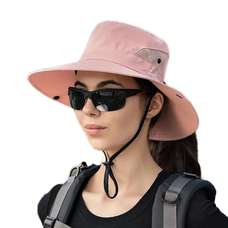 Womens Ponytail Sun Hat UV Protection Mesh Foldable Wide Brim Beach Fishing Bucket Hats Summer Hiking Outdoor Climbing hike Caps