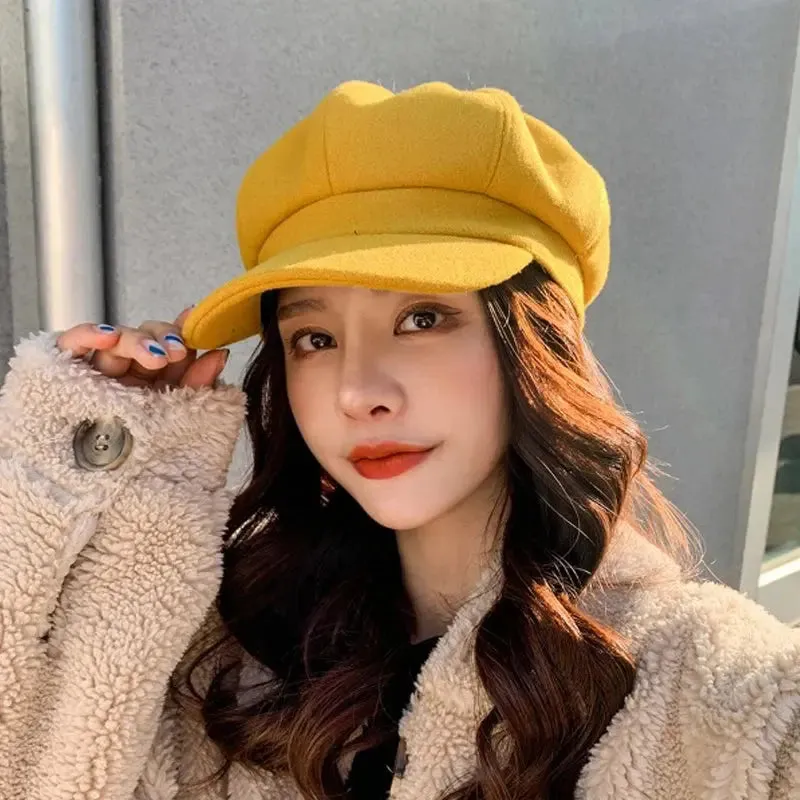Women‘s Winter Vintage Berets Caps French Artist Warm Felt Hats Beret Female Solid Octagonal Hats Autumn Girl